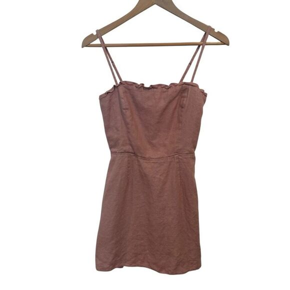 Reformation Ava Ruffle Linen Mini Dress Size 4 Dusty Rose Blush Pink - Picture 2 of 7